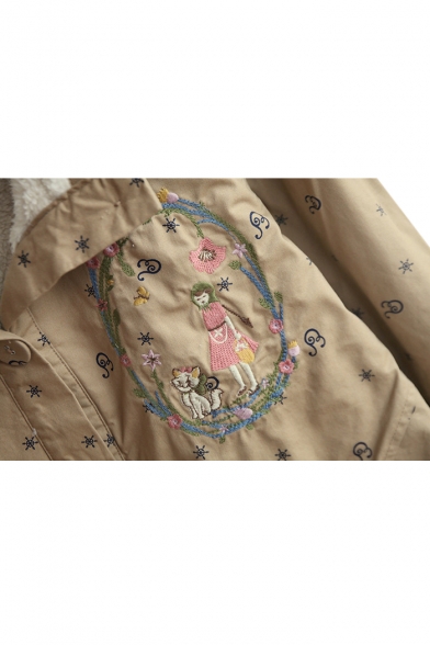 Embroidery Long Sleeve Hooded Single Breasted Print Coat