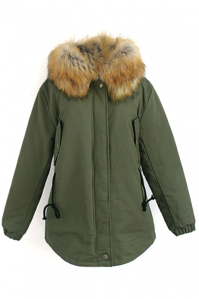 Fur Hooded Long Sleeve Zipper Green Coat
