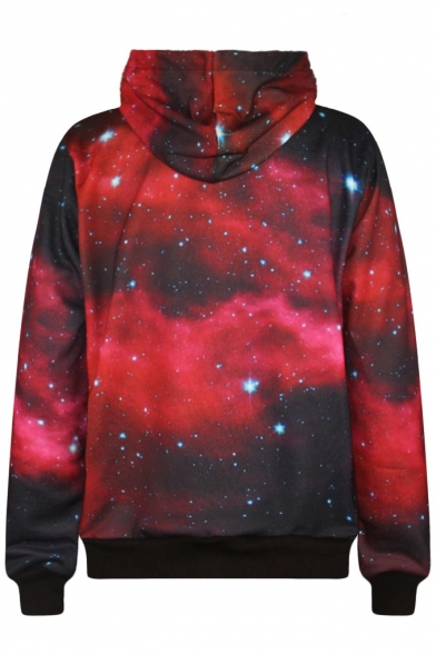 Galaxy Print Long Sleeve Red Hooded Sweatshirt - Beautifulhalo.com
