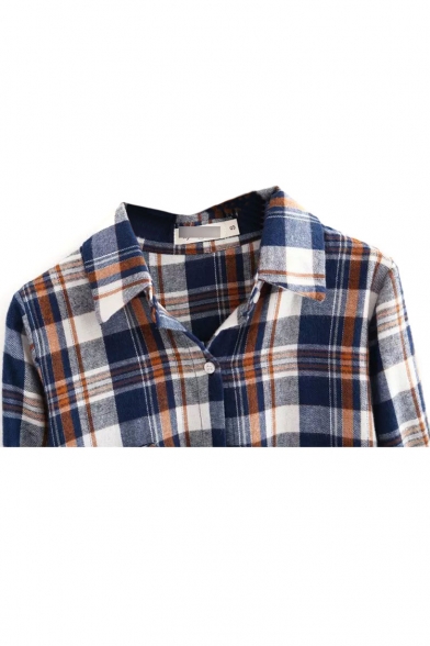 Lapel Long Sleeve Plaid Single Pocket Shirt