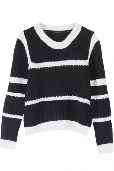 Round Neck Long Sleeve Stripes Trims Sweater