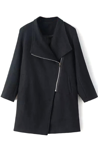 Lapel Inclined Zipper Long Sleeve Long Tweed Coat
