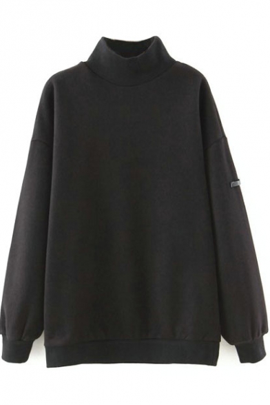 Plain High Neck Batwing Sleeve Loose Fleece Sweatshirt - Beautifulhalo.com