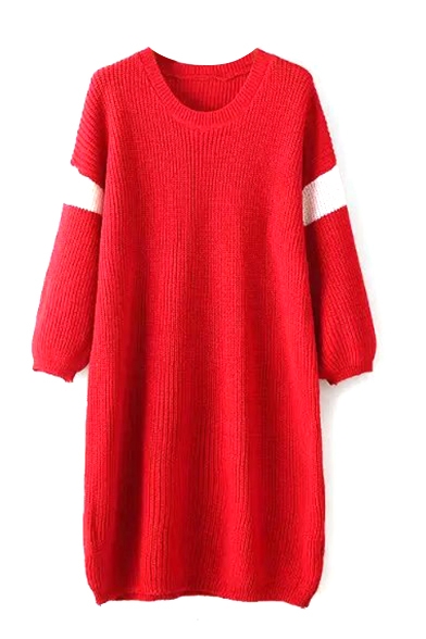 Round Neck Long Sleeve Color Block Tunic Sweater