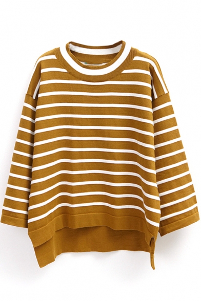 Stripes Dip Hem Long Sleeve Round Neck Sweater