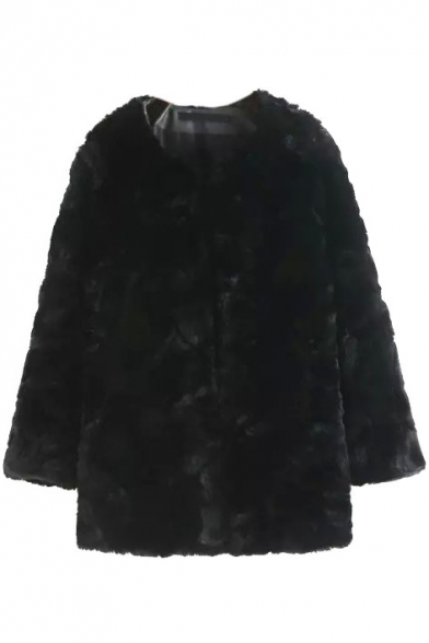 Black Faux Fur Open Front Long Sleeve Coat