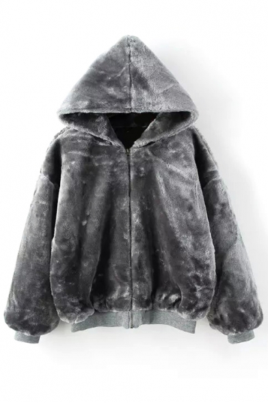 Hooded Long Sleeve Zipper Fur Coat