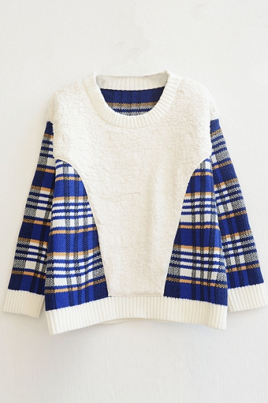 Lamb Wool Patchwork Plaid Pullover Sweater