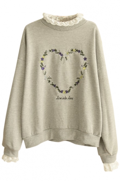 Round Neck Lace Detail Embroidery Long Sleeve Sweatshirt
