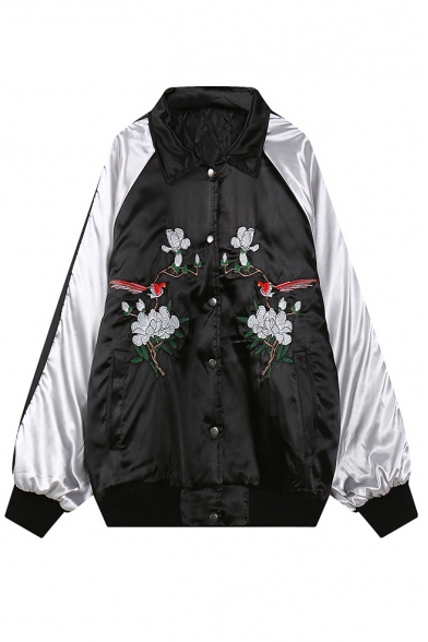 Single Breasted Lapel Embroidery Color Block Coat