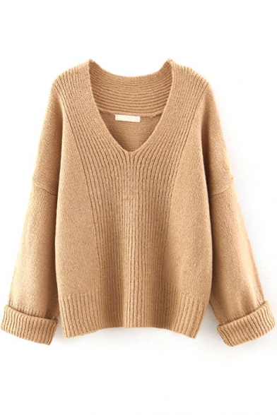 V-Neck Plain Turn Up Sleeve Hem Pullover Sweater
