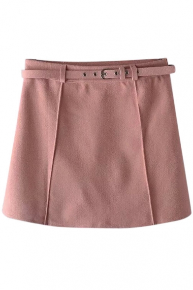 Belt Waist Plain A-Line Mini Tweed Skirt