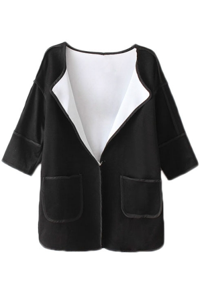 Black 3/4 Length Sleeve Plain Single Button Coat