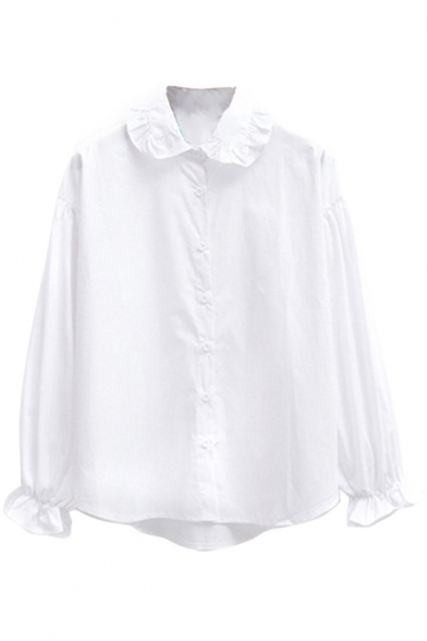 Elastic Wrist Ruffle Hem Lapel Long Sleeve White Shirt