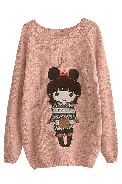 Round Neck Long Sleeve Cartoon Embroidery Sweater