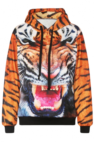 Tiger Print Long Sleeve Hooded Sweatshirt - Beautifulhalo.com