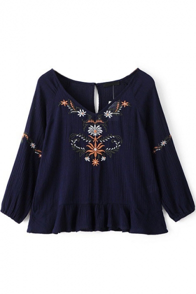V-Neck 3/4 Length Sleeve Floral Embroidery Blouse