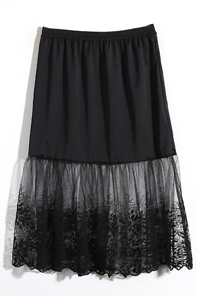 A-Line Lace Patchwork Plain Elastic Waist Skirt