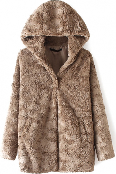 Faux Fur Single Breasted Hooded Brown Coat