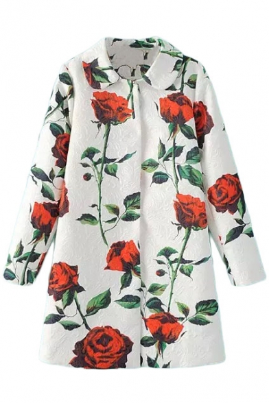 Lapel Rose Floral Jacquard Single Breasted Coat