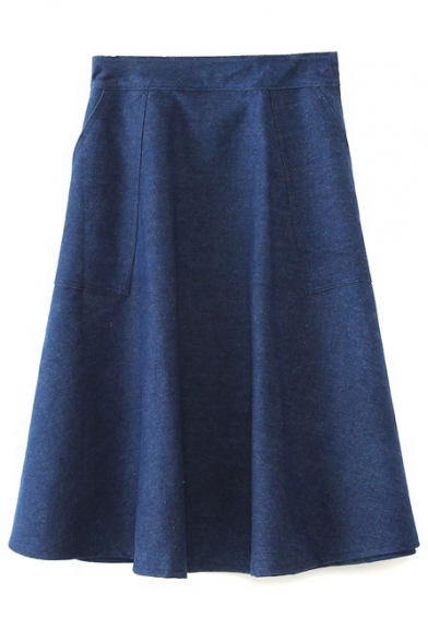 Zip Side Midi A-Line Denim Skirt