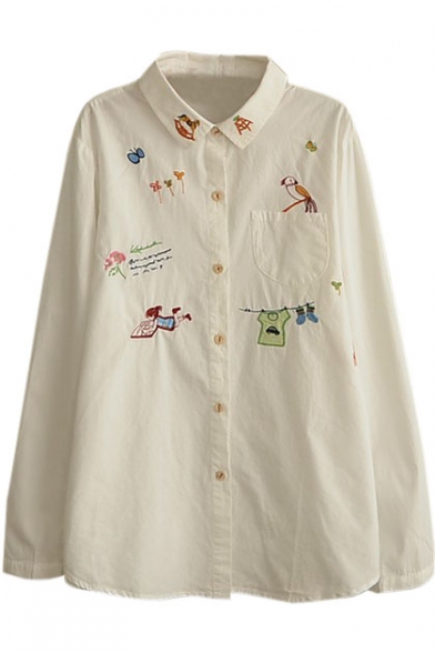 Cute Cartoon Embroidery Button Down White Shirt