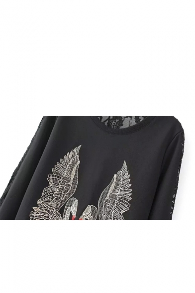 Lace Detail Round Neck Long Sleeve Print Sweatshirt