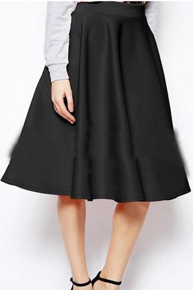 Plain Midi A-Line High Waist Skirt