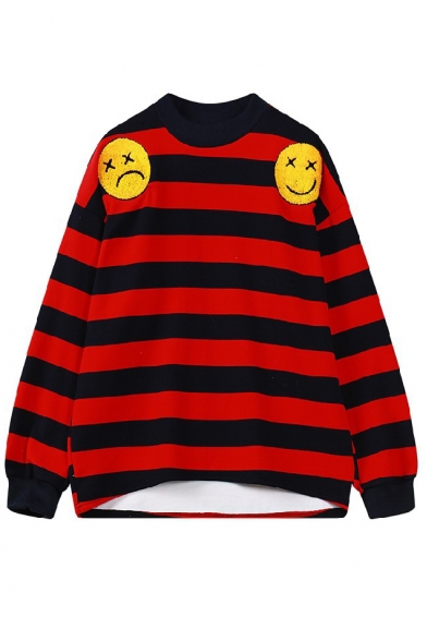 Round Neck Stripes Long Sleeve Embroidery Sweatshirt
