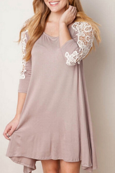 Scoop Neck 3/4 Length Sleeve Lace Detail Dress