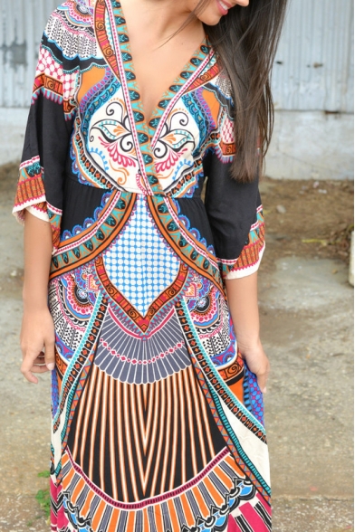 Deep V-Neck Elastic Waist Bohemia Style Tribal Print Dress