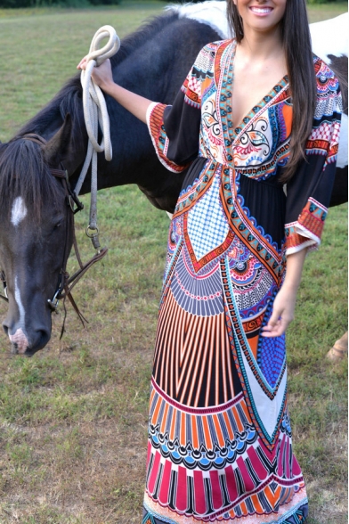 Deep V-Neck Elastic Waist Bohemia Style Tribal Print Dress