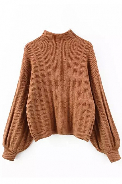 High Neck Cable Knit Balloon Sleeve Plain Sweater