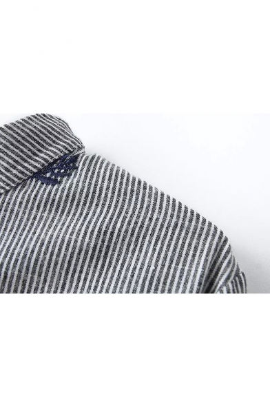 Long Sleeve Stripes Embroidery Stand Up Neck Shirt