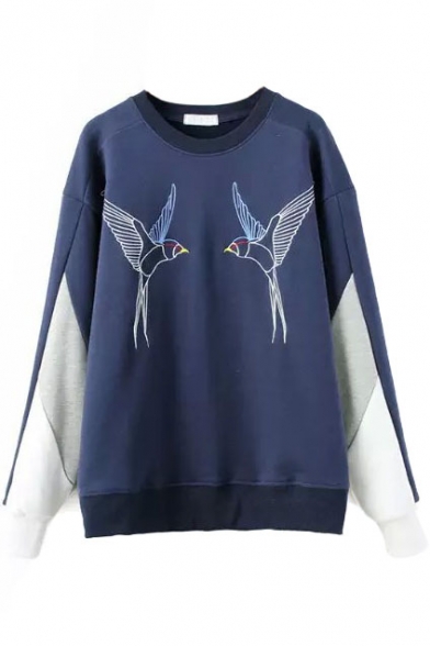 Round Neck Long Sleeve Patchwork Bird Print Sweatshirt