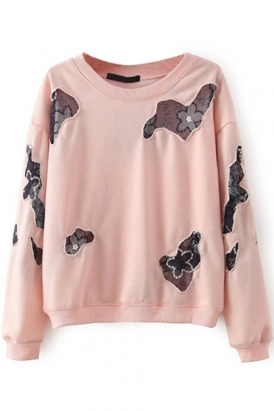 Round Neck Long Sleeve Patchwork Cut Out Sweatshirt