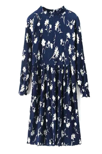 Stand Up Neck Floral Print Long Sleeve Midi Dress