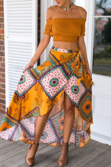 Tie Waist Tribal Print Asymmetrical Maxi Skirt