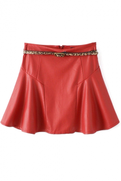 Zip Back Plain A-Line Belt Skirt