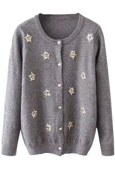 Beading Long Sleeve Button Down Round Neck Cardigan