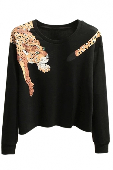 Cropped Tiger Print Round Neck Long Sleeve Sweatshirt - Beautifulhalo.com