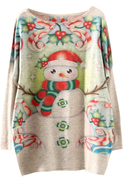 Christmas Snowman Print Scoop Neck Long Sleeve Sweater
