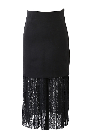 Tweed Lace Patchwork Plain Maxi High Waist Skirt