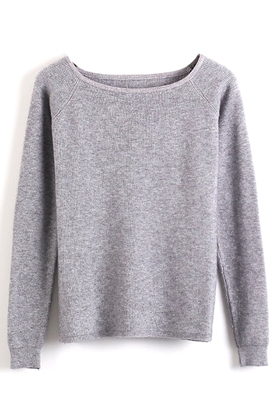 Boat Neck Long Sleeve Plain Pullover Sweater