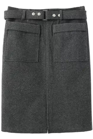 Double Pockets Tube Midi Belt Waist Skirt