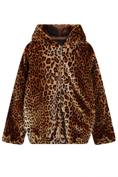 Hooded Long Sleeve Leopard Print Zipper Coat