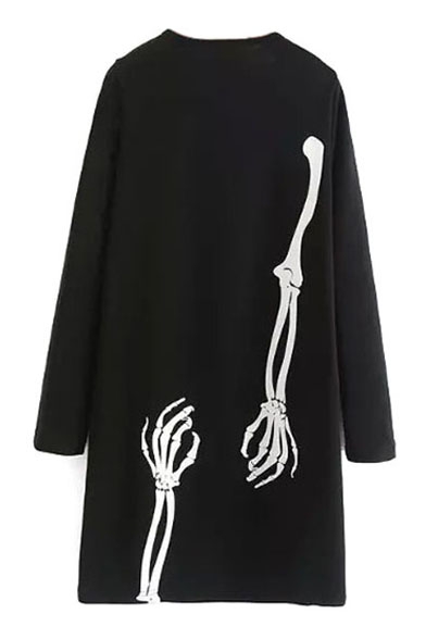 Round Neck Long Sleeve Skeleton Hands Print Dress