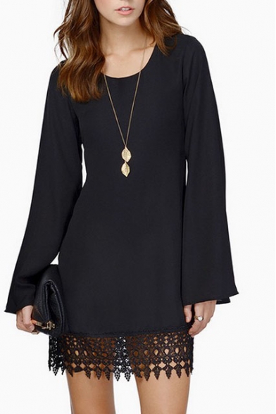 Chiffon Long Sleeve Plain Lace Hem Shift Dress - Beautifulhalo.com