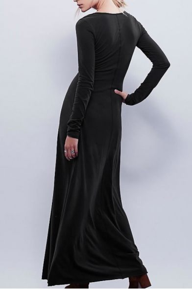 Cross Tie Front Long Sleeve Black Maxi Dress - Beautifulhalo.com