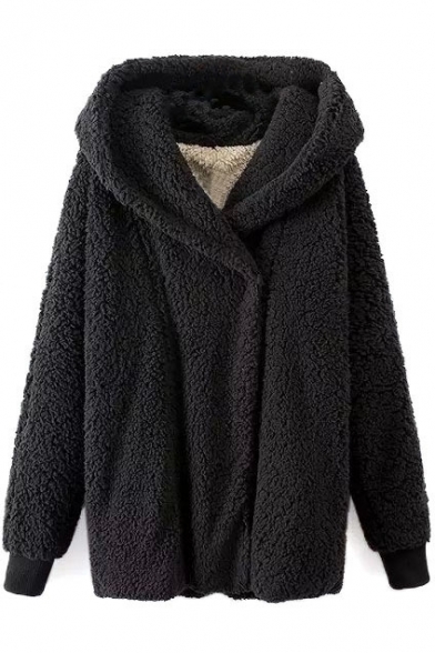 Hooded Single Breasted Black Faux Fur Coat